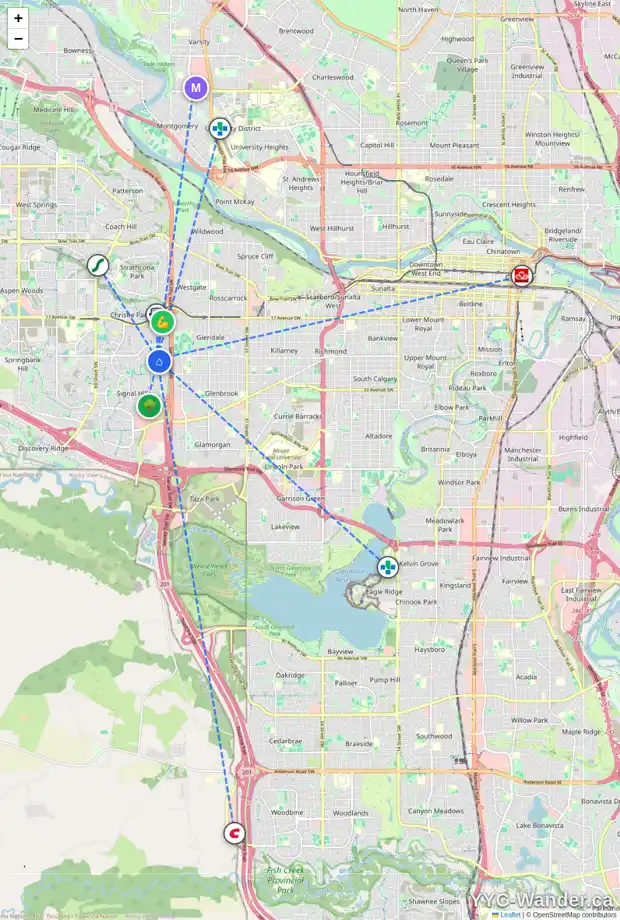 Daily accessibility map for 135 SIGNAL HILL CO SW, Calgary showing nearby schools, grocery stores, parks, LRT stations and nearby amenities