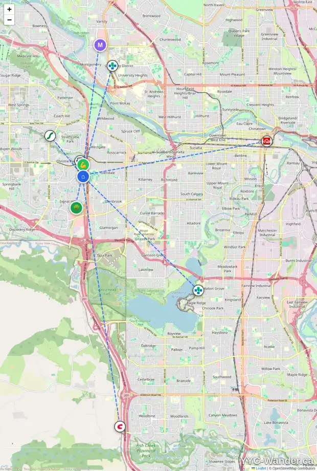 Daily accessibility map for 2032 SIROCCO DR SW, Calgary showing nearby schools, grocery stores, parks, LRT stations and nearby amenities