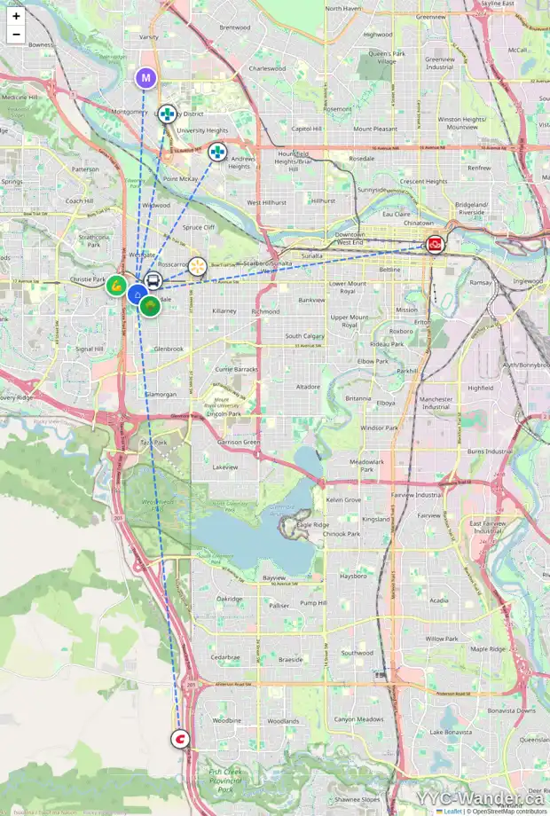 Daily accessibility map for 20 GRANADA DR SW, Calgary showing nearby schools, grocery stores, parks, LRT stations and nearby amenities