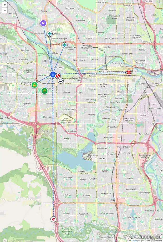 Daily accessibility map for 903 40 ST SW, Calgary showing nearby schools, grocery stores, parks, LRT stations and nearby amenities
