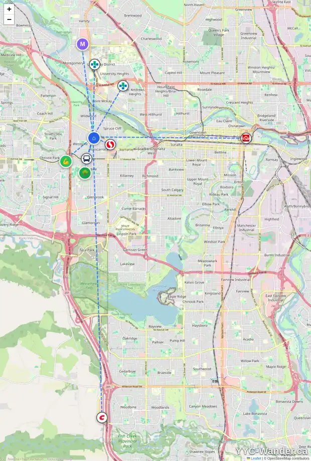 Daily accessibility map for 35 ROSSMERE RD SW, Calgary showing nearby schools, grocery stores, parks, LRT stations and nearby amenities
