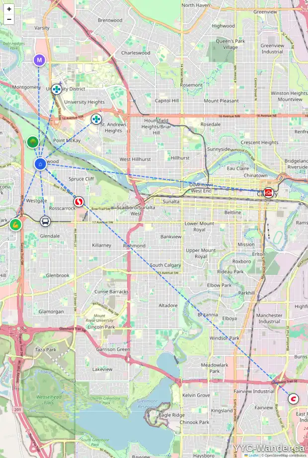 Daily accessibility map for 53 WHITE OAK CR SW, Calgary showing nearby schools, grocery stores, parks, LRT stations and nearby amenities