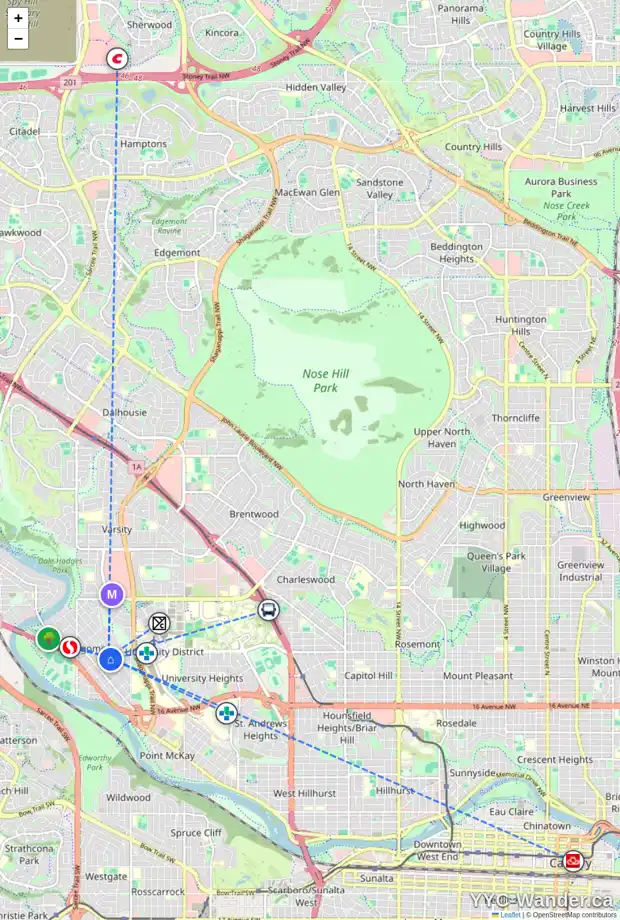 Daily accessibility map for 4632 20 AV NW, Calgary showing nearby schools, grocery stores, parks, LRT stations and nearby amenities
