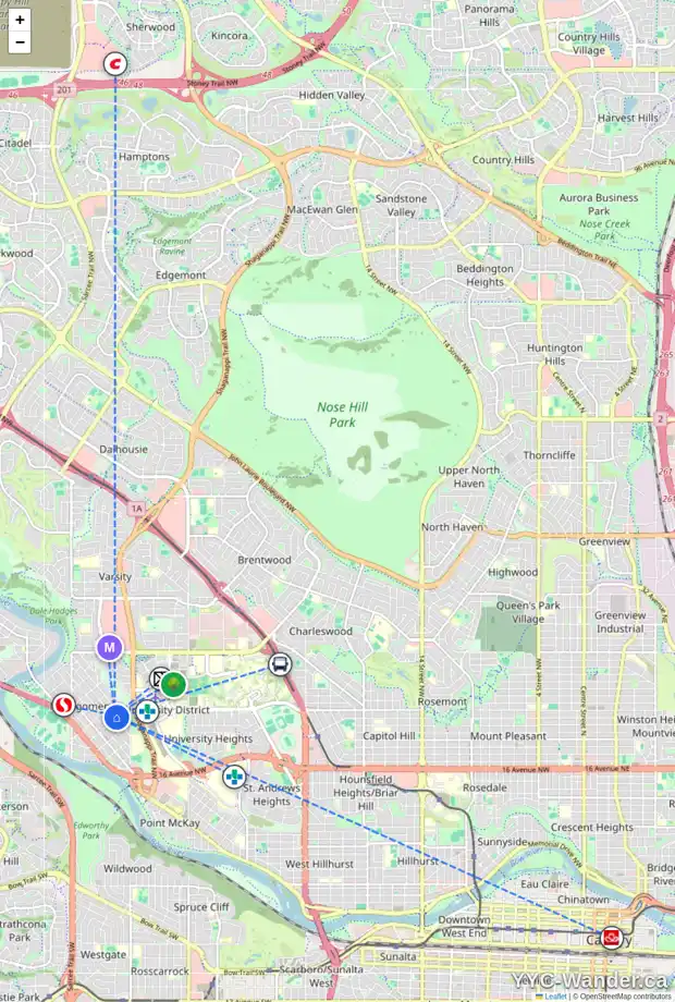 Daily accessibility map for 4612 21 AV NW, Calgary showing nearby schools, grocery stores, parks, LRT stations and nearby amenities