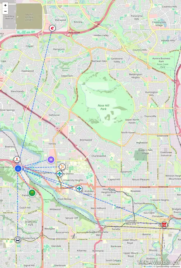 Daily accessibility map for 3020 69 ST NW, Calgary showing nearby schools, grocery stores, parks, LRT stations and nearby amenities