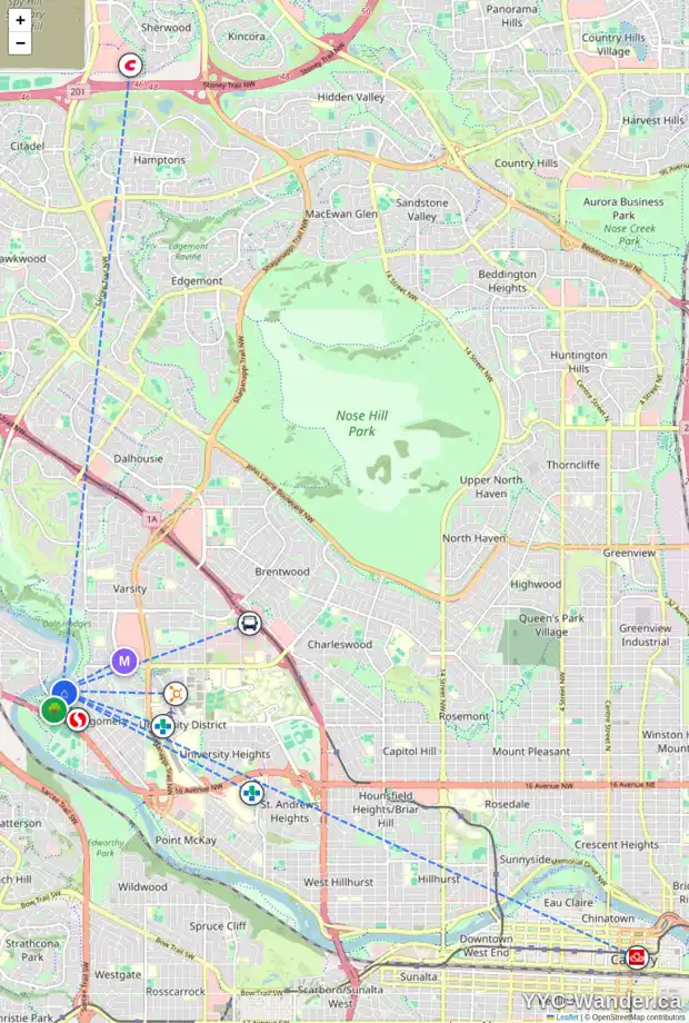 Daily accessibility map for 104 BOW LD NW, Calgary showing nearby schools, grocery stores, parks, LRT stations and nearby amenities