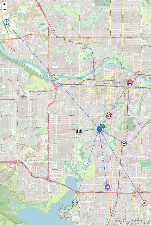 Daily accessibility map for 3415 6 ST SW, Calgary showing nearby schools, grocery stores, parks, LRT stations and nearby amenities