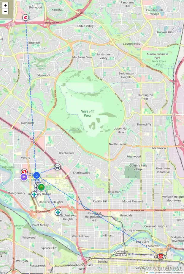 Daily accessibility map for 26 VARBOW PL NW, Calgary showing nearby schools, grocery stores, parks, LRT stations and nearby amenities