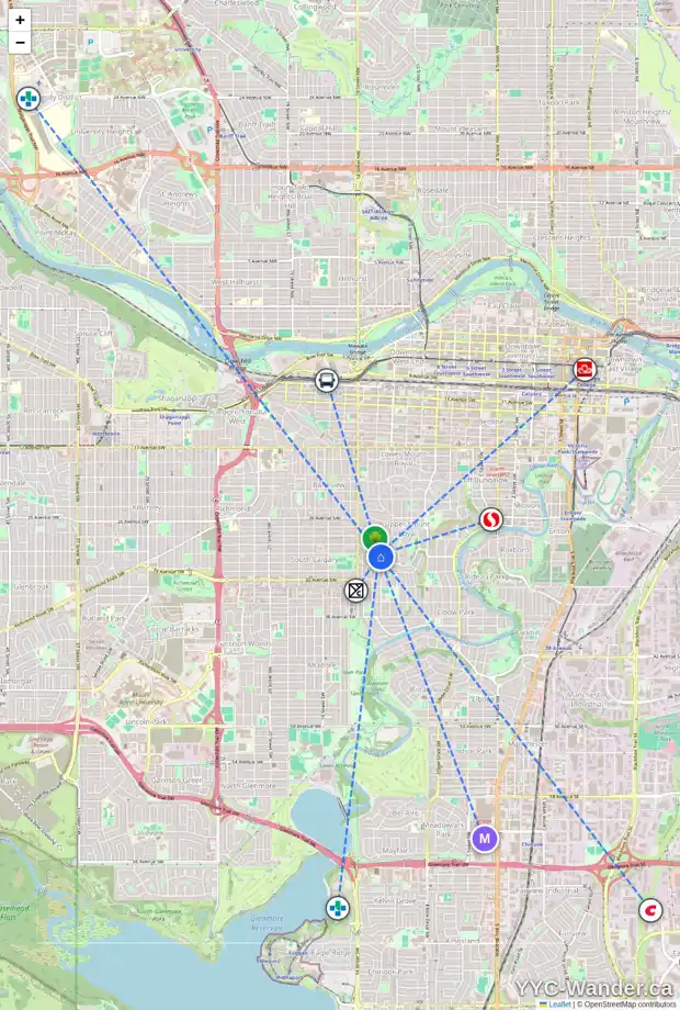 Daily accessibility map for 1400 PREMIER WY SW, Calgary showing nearby schools, grocery stores, parks, LRT stations and nearby amenities