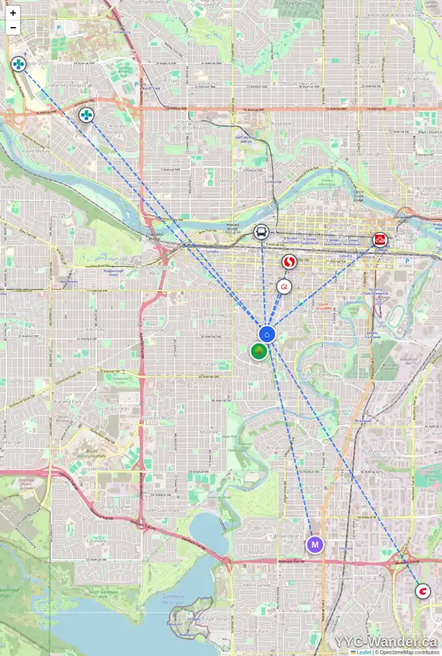 Daily accessibility map for 2411 10 ST SW, Calgary showing nearby schools, grocery stores, parks, LRT stations and nearby amenities