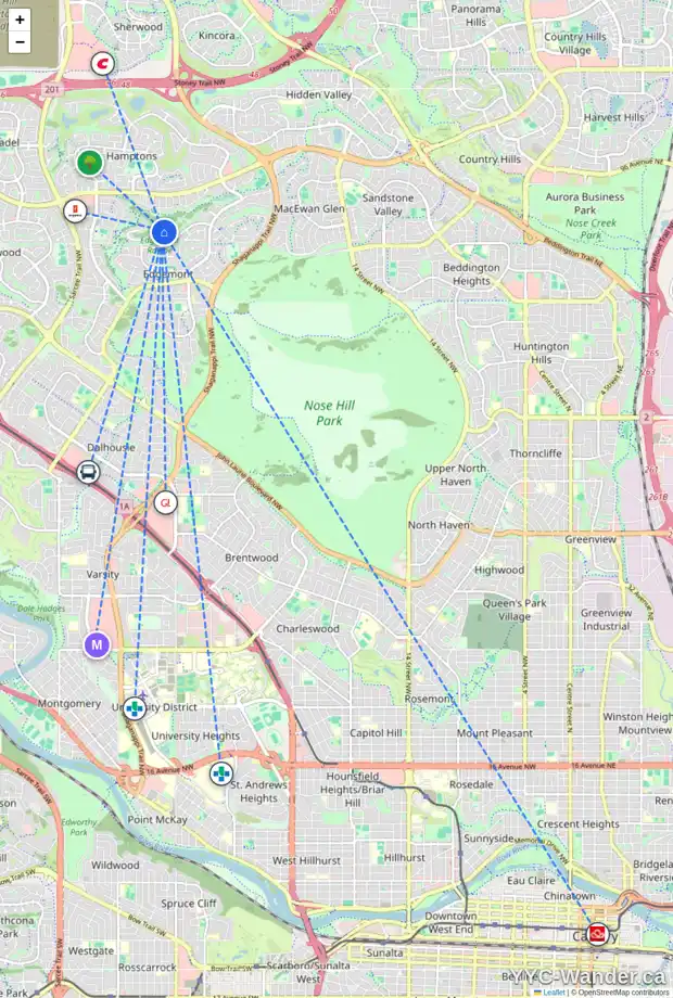 Daily accessibility map for 13 EDGEVALLEY VW NW, Calgary showing nearby schools, grocery stores, parks, LRT stations and nearby amenities