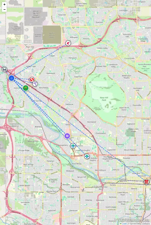 Daily accessibility map for 541 SCHUBERT PL NW, Calgary showing nearby schools, grocery stores, parks, LRT stations and nearby amenities
