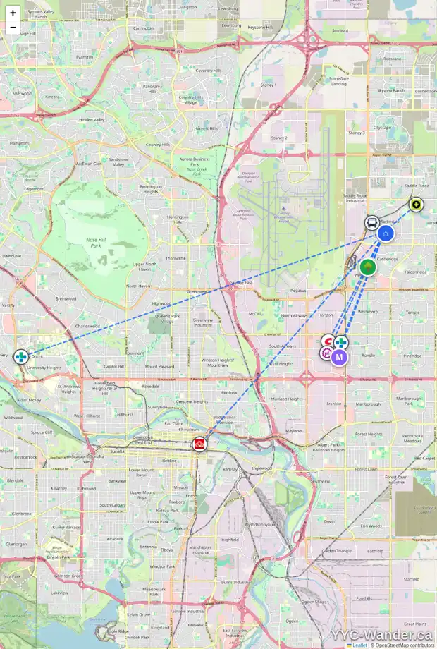 Daily accessibility map for 64 MARTINRIDGE WY NE, Calgary showing nearby schools, grocery stores, parks, LRT stations and nearby amenities