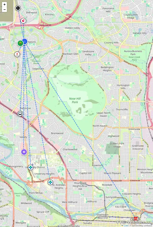 Daily accessibility map for 3 HAMPTONS GV NW, Calgary showing nearby schools, grocery stores, parks, LRT stations and nearby amenities