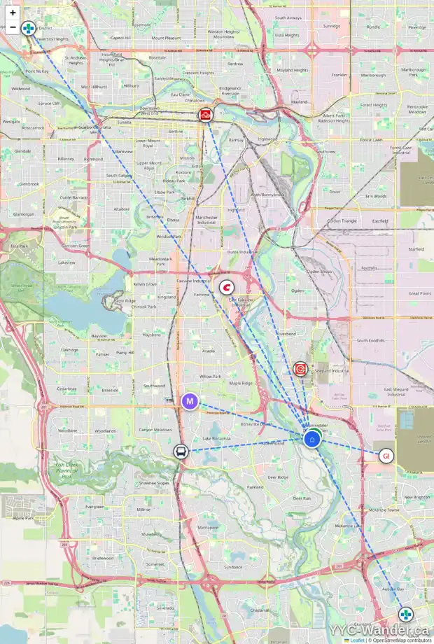 Daily accessibility map for 39 DOUGLAS SHORE CL SE, Calgary showing nearby schools, grocery stores, parks, LRT stations and nearby amenities