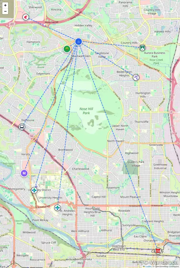 Daily accessibility map for 143 MACEWAN RIDGE VI NW, Calgary showing nearby schools, grocery stores, parks, LRT stations and nearby amenities