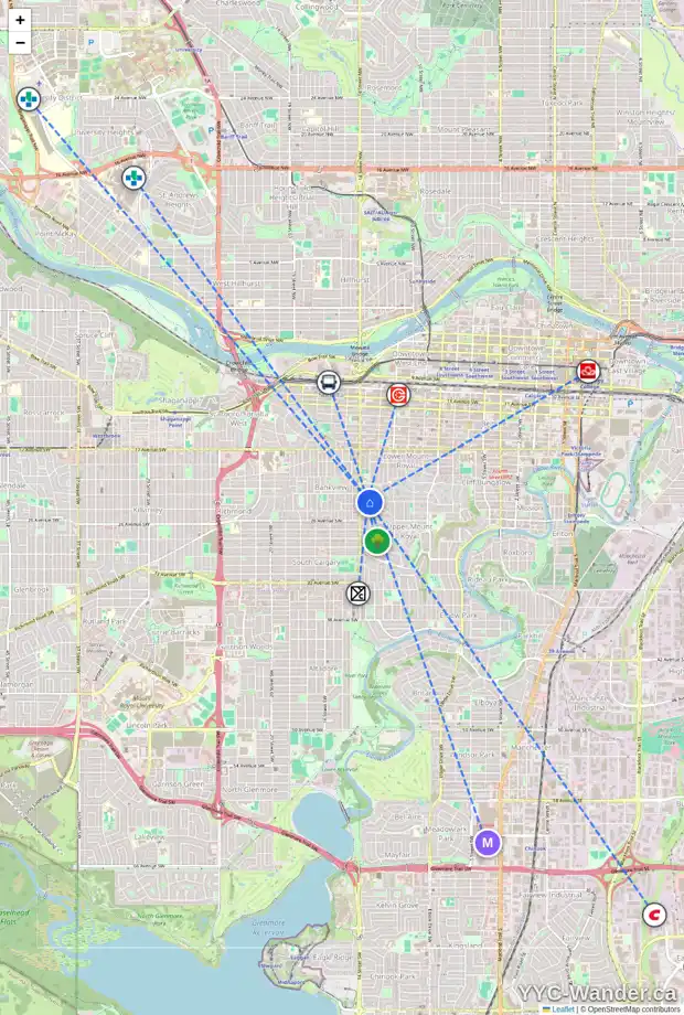 Daily accessibility map for 1402 PROSPECT AV SW, Calgary showing nearby schools, grocery stores, parks, LRT stations and nearby amenities
