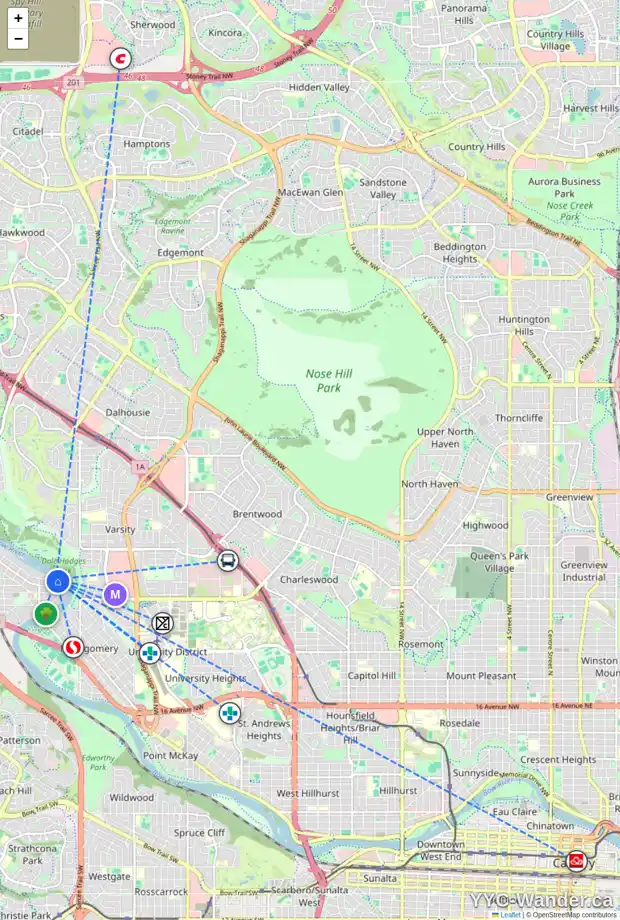Daily accessibility map for 5976 BOW CR NW, Calgary showing nearby schools, grocery stores, parks, LRT stations and nearby amenities