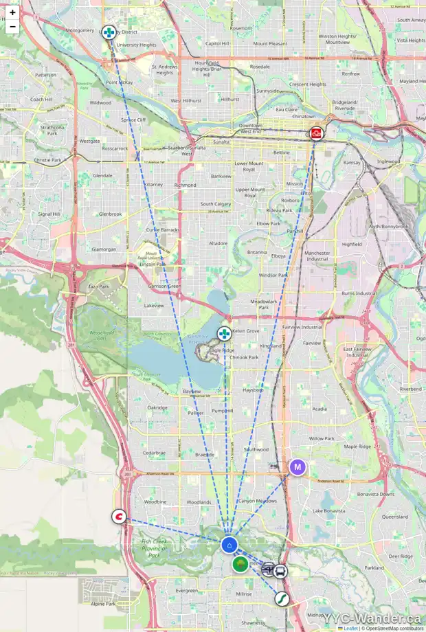 Daily accessibility map for 5 EVERGREEN TC SW, Calgary showing nearby schools, grocery stores, parks, LRT stations and nearby amenities