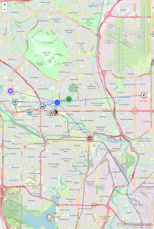 Daily accessibility map for 1609 24 AV NW, Calgary showing nearby schools, grocery stores, parks, LRT stations and nearby amenities