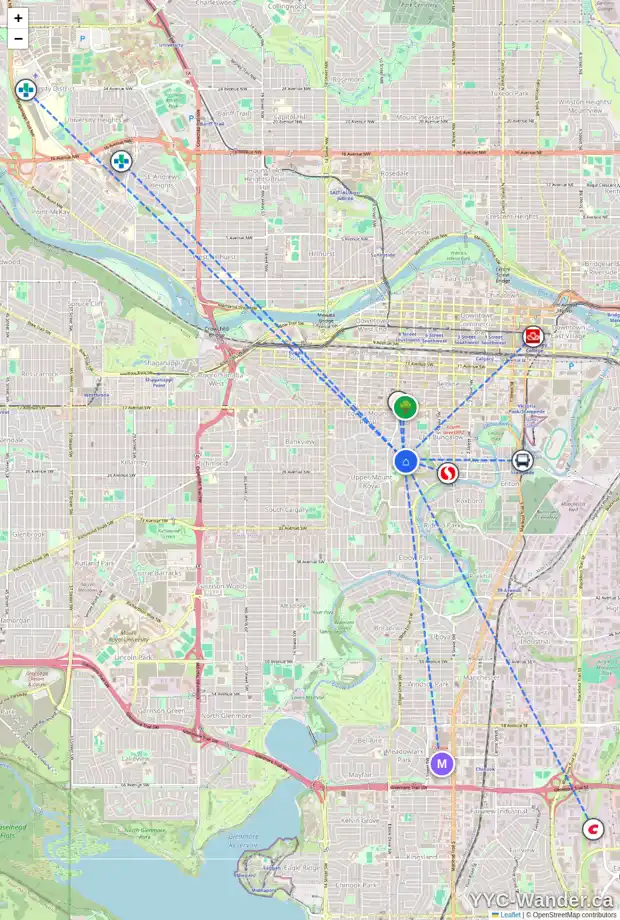 Daily accessibility map for 815 PROSPECT AV SW, Calgary showing nearby schools, grocery stores, parks, LRT stations and nearby amenities