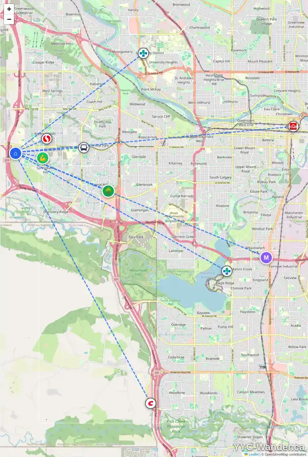 Daily accessibility map for 33 ANATAPI LN SW, Calgary showing nearby schools, grocery stores, parks, LRT stations and nearby amenities