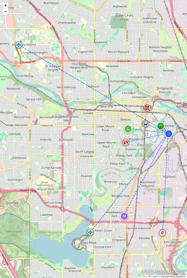 Daily accessibility map for 815 21 AV SE, Calgary showing nearby schools, grocery stores, parks, LRT stations and nearby amenities