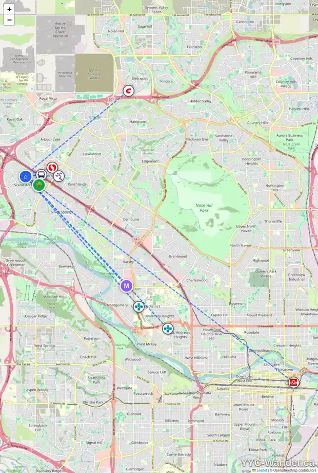 Daily accessibility map for 8950 SCURFIELD DR NW, Calgary showing nearby schools, grocery stores, parks, LRT stations and nearby amenities