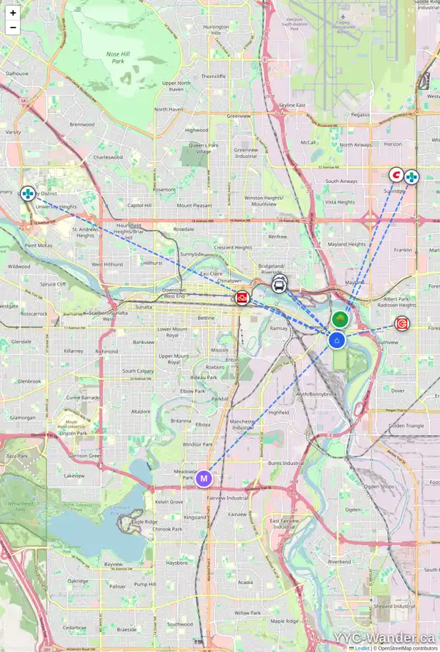 Daily accessibility map for 2011 8 AV SE, Calgary showing nearby schools, grocery stores, parks, LRT stations and nearby amenities