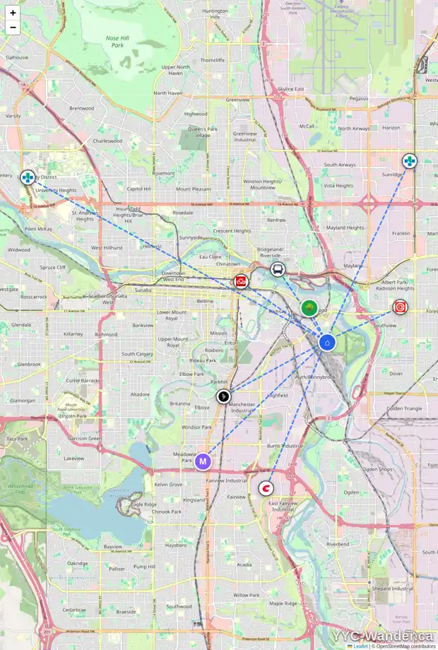Daily accessibility map for 2722 16A ST SE, Calgary showing nearby schools, grocery stores, parks, LRT stations and nearby amenities