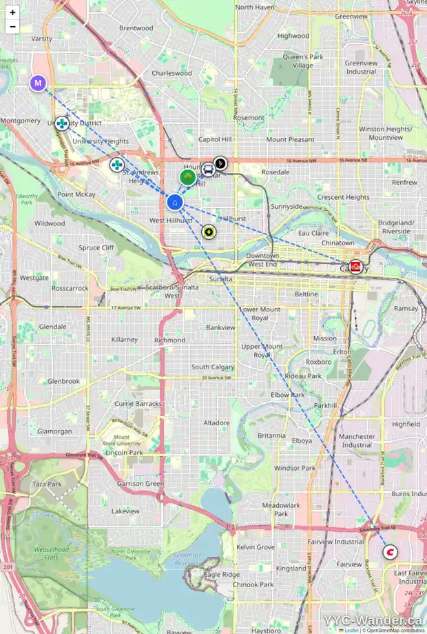 Daily accessibility map for 2323 7 AV NW, Calgary showing nearby schools, grocery stores, parks, LRT stations and nearby amenities
