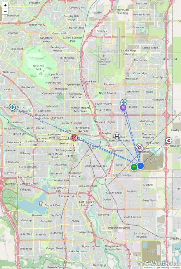 Daily accessibility map for 102 ERIN MEADOW CR SE, Calgary showing nearby schools, grocery stores, parks, LRT stations and nearby amenities