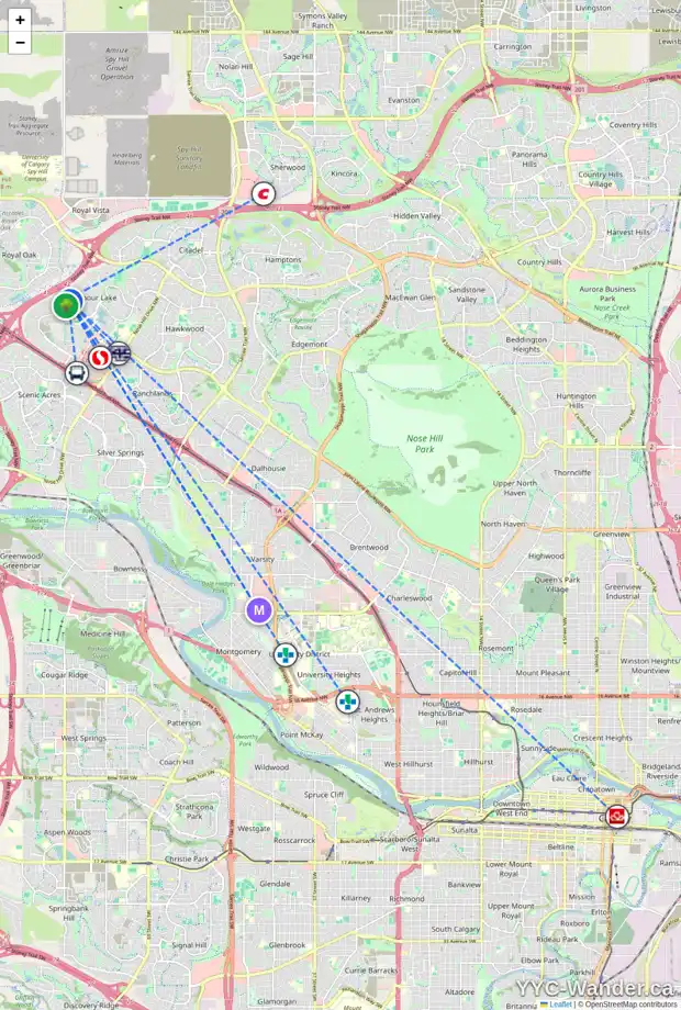 Daily accessibility map for 35 ARBOUR CREST RI NW, Calgary showing nearby schools, grocery stores, parks, LRT stations and nearby amenities