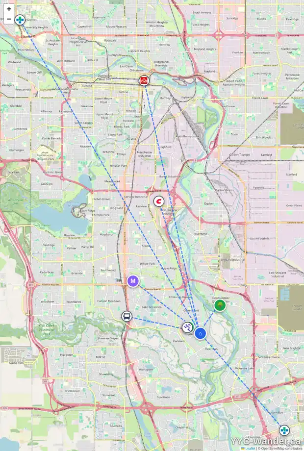 Daily accessibility map for 14019 DEER RIDGE DR SE, Calgary showing nearby schools, grocery stores, parks, LRT stations and nearby amenities
