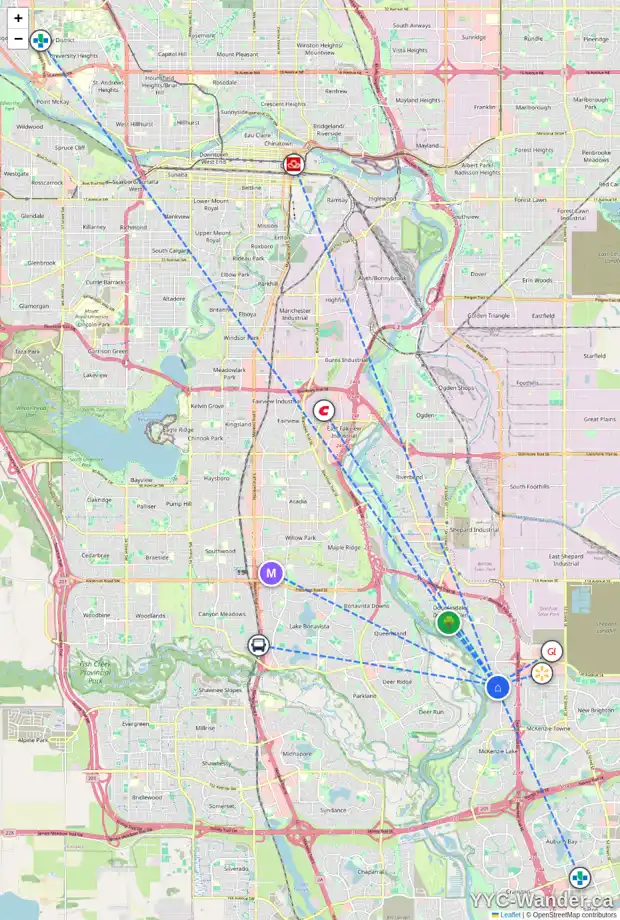 Daily accessibility map for 266 MT DOUGLAS CI SE, Calgary showing nearby schools, grocery stores, parks, LRT stations and nearby amenities