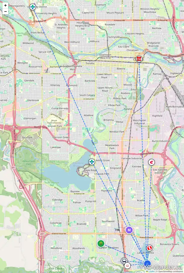 Daily accessibility map for 119 LAKE TAHOE GR SE, Calgary showing nearby schools, grocery stores, parks, LRT stations and nearby amenities