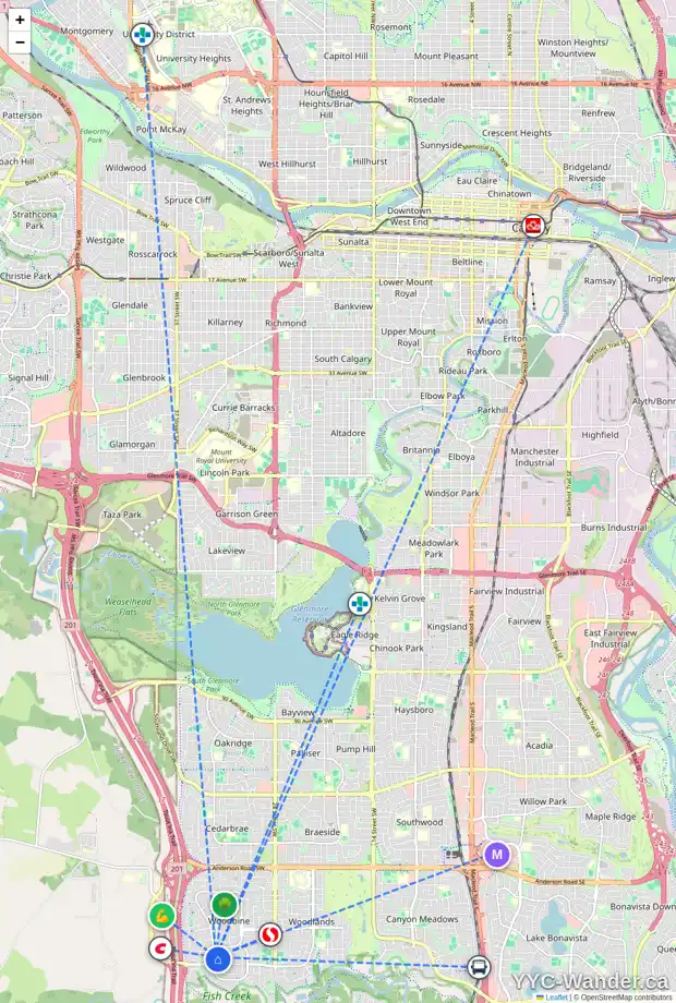 Daily accessibility map for 24 WOODFIELD RD SW, Calgary showing nearby schools, grocery stores, parks, LRT stations and nearby amenities