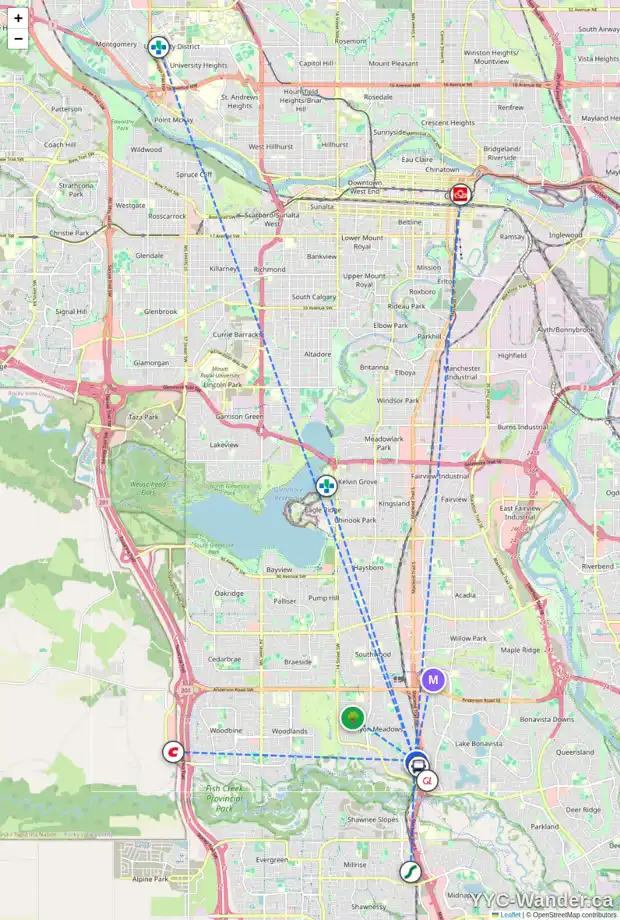 Daily accessibility map for 423 CANTRELL DR SW, Calgary showing nearby schools, grocery stores, parks, LRT stations and nearby amenities