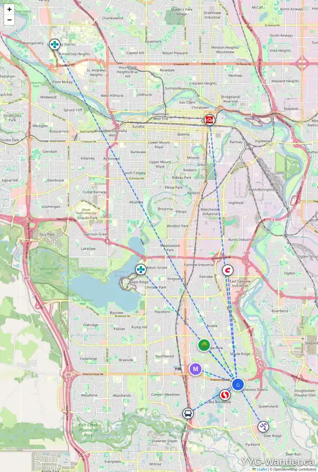 Daily accessibility map for 1027 LAKE WAPTA WY SE, Calgary showing nearby schools, grocery stores, parks, LRT stations and nearby amenities