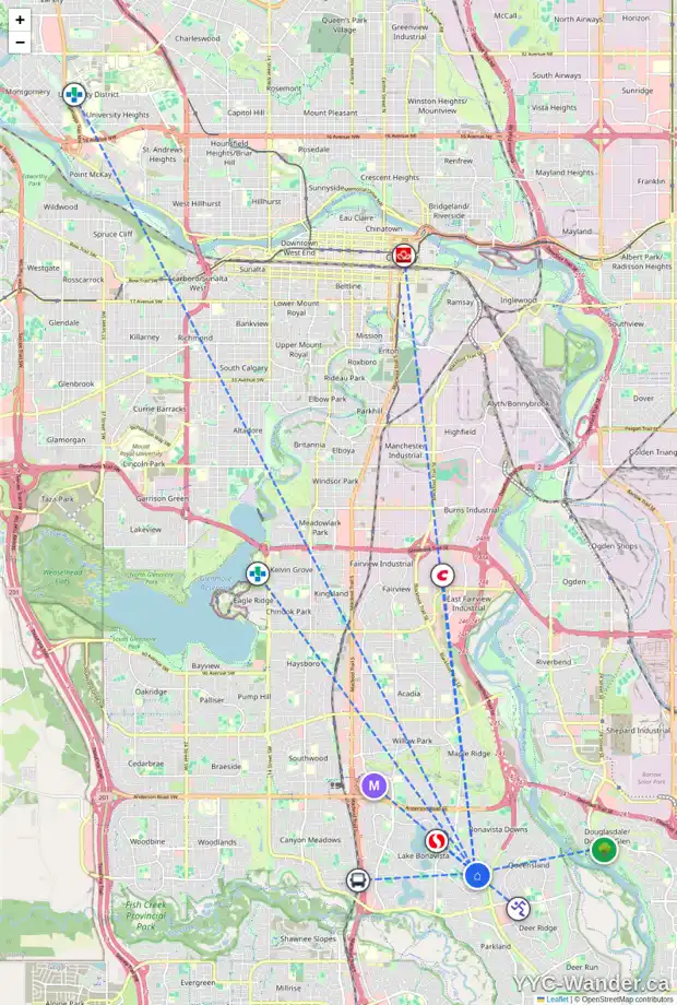 Daily accessibility map for 1240 LAKE TWINTREE DR SE, Calgary showing nearby schools, grocery stores, parks, LRT stations and nearby amenities