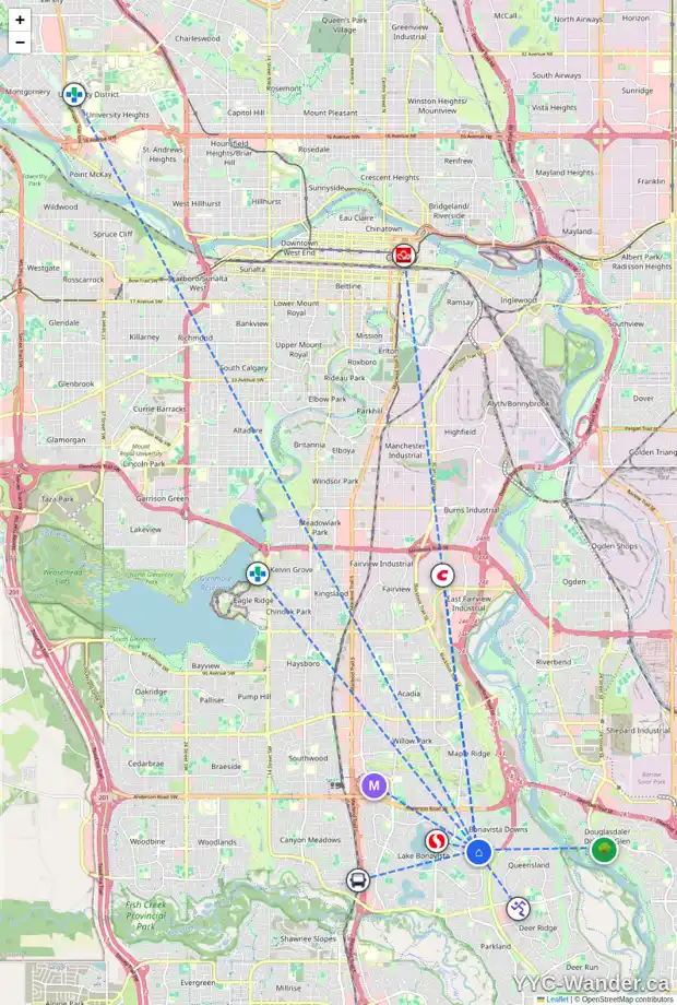 Daily accessibility map for 1125 LAKE CHRISTINA WY SE, Calgary showing nearby schools, grocery stores, parks, LRT stations and nearby amenities