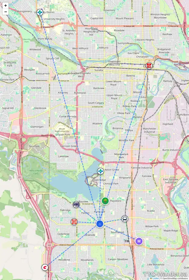 Daily accessibility map for 251 PUMP HILL CR SW, Calgary showing nearby schools, grocery stores, parks, LRT stations and nearby amenities