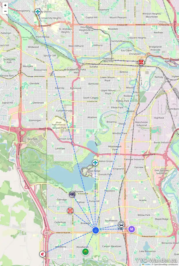 Daily accessibility map for 112 BRANIFF PL SW, Calgary showing nearby schools, grocery stores, parks, LRT stations and nearby amenities