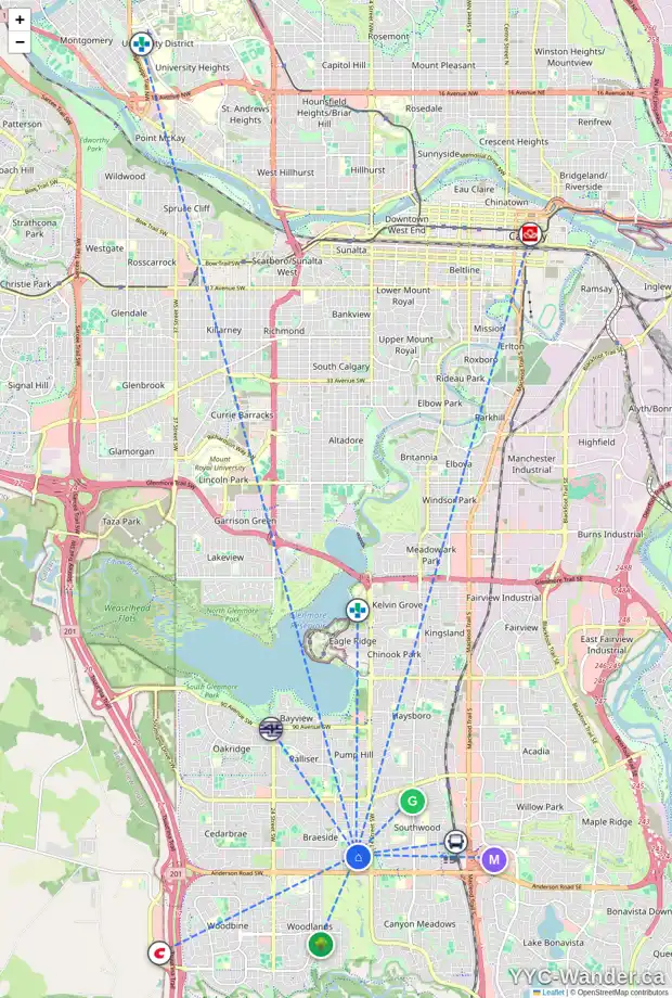 Daily accessibility map for 11468 BRANIFF RD SW, Calgary showing nearby schools, grocery stores, parks, LRT stations and nearby amenities