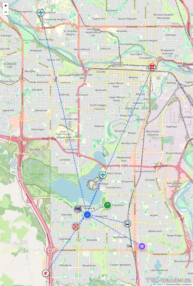 Daily accessibility map for 9432 PALISWOOD WY SW, Calgary showing nearby schools, grocery stores, parks, LRT stations and nearby amenities