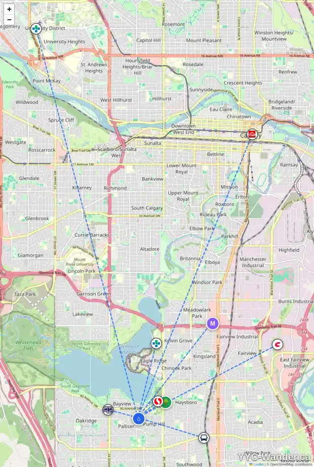 Daily accessibility map for 140 PUMP HILL GD SW, Calgary showing nearby schools, grocery stores, parks, LRT stations and nearby amenities
