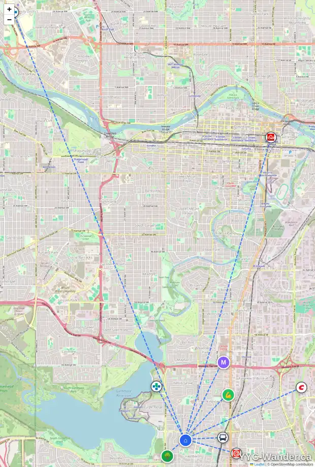 Daily accessibility map for 42 HAVERHILL RD SW, Calgary showing nearby schools, grocery stores, parks, LRT stations and nearby amenities