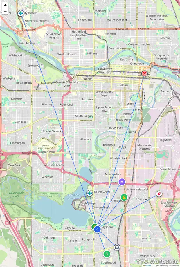 Daily accessibility map for 1412 90 AV SW, Calgary showing nearby schools, grocery stores, parks, LRT stations and nearby amenities