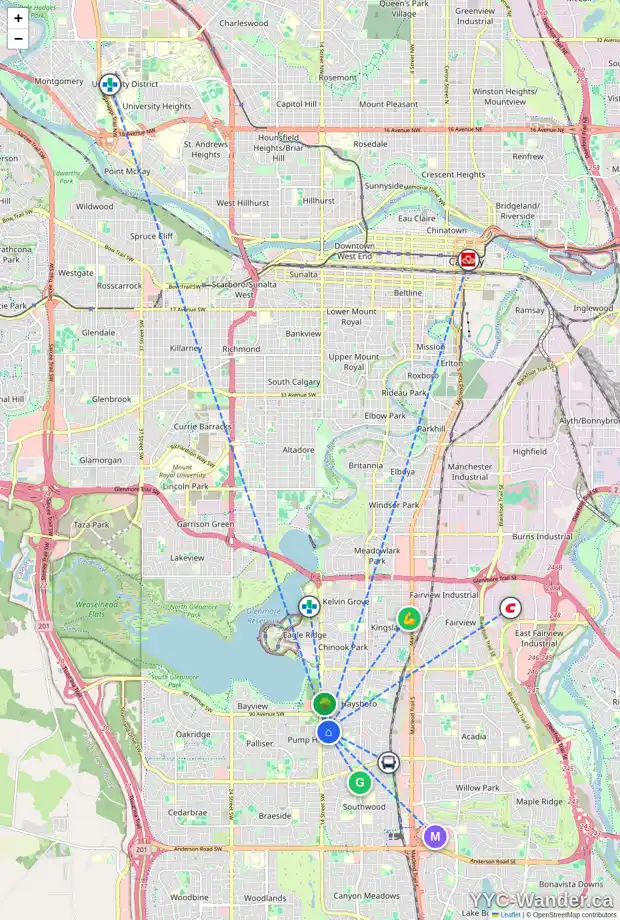 Daily accessibility map for 48 HOBART RD SW, Calgary showing nearby schools, grocery stores, parks, LRT stations and nearby amenities