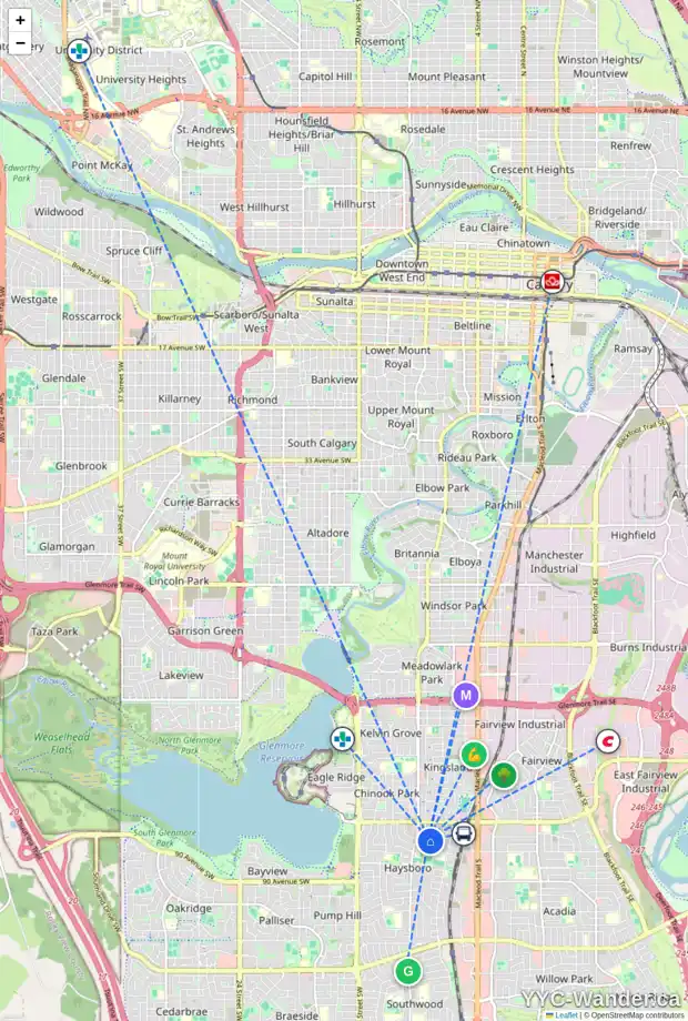 Daily accessibility map for 70 HYSLOP DR SW, Calgary showing nearby schools, grocery stores, parks, LRT stations and nearby amenities